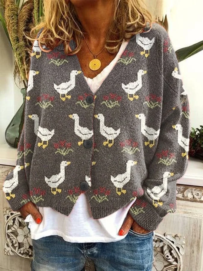 Women's Little Duck And Flowers Print Casual Cardigan