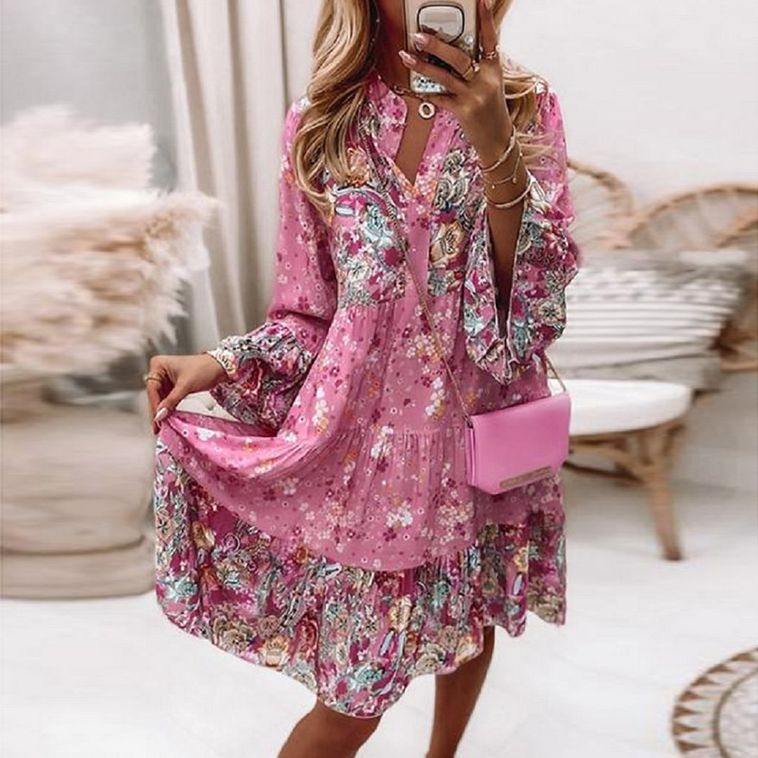 Colorblock Print Flare Sleeve Dress