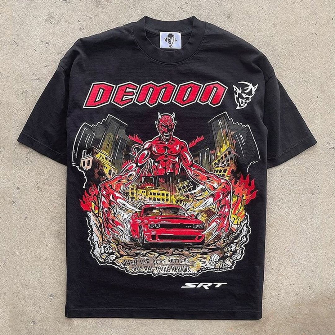 Men's Oversized Demon And Car Print T-Shirt