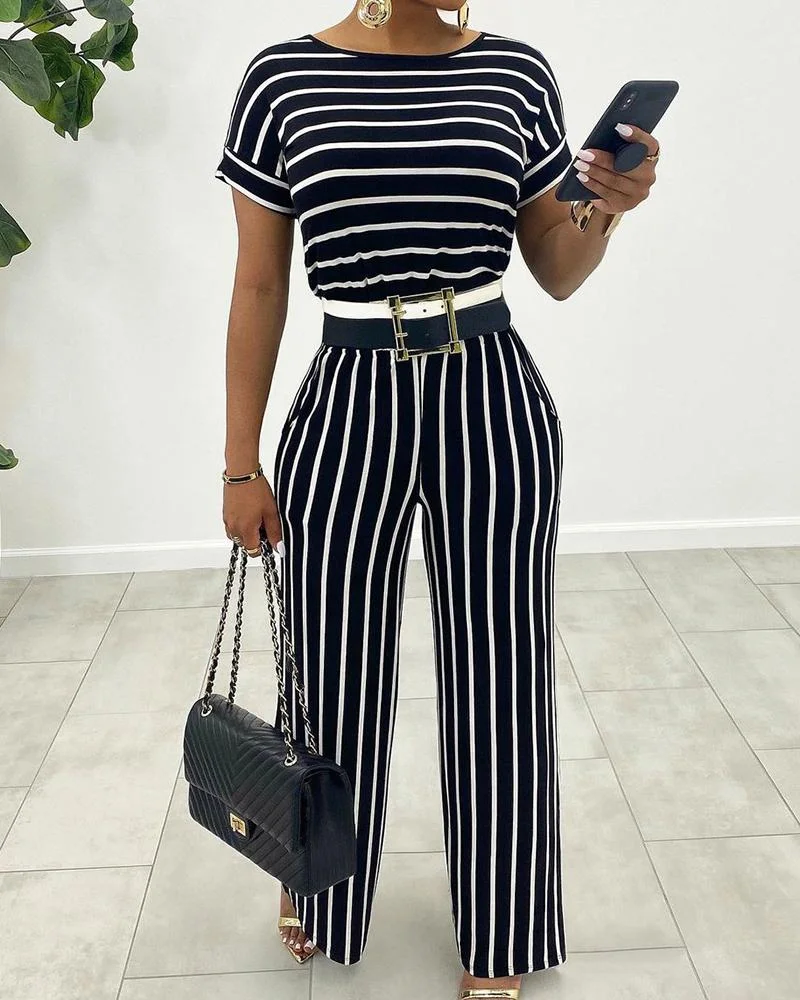 Round Neck Short Sleeve Stripe Print Straight Jumpsuit