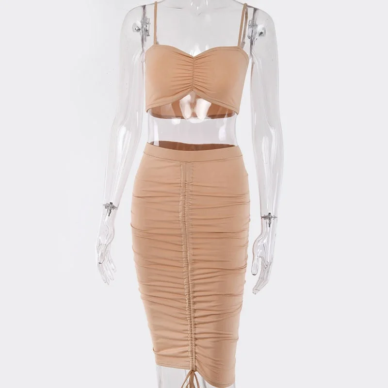 Articat Two Piece Sexy Pleated Party Dress Women Spaghetti Strap Backless Slinny Pencil Christmas Dress Casual Dress Vestidos