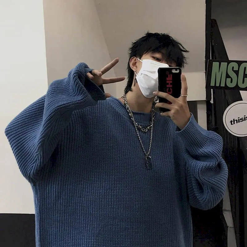 Lazy Couple Male  Harajuku Retro Trend Thick Line Sweater Solid Color Loose Oversize Top Autumn Winter Oversized Sweater