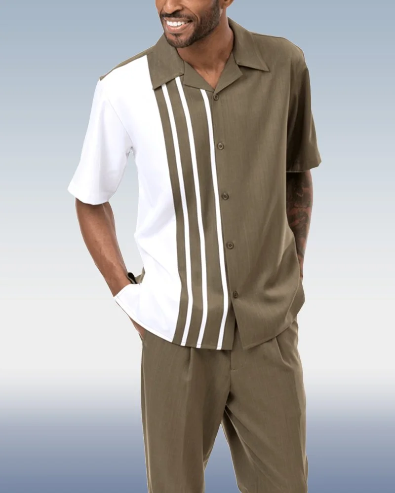 suitmens-Olive Striped Color Block Walking Suit 2 Piece Short Sleeve Set