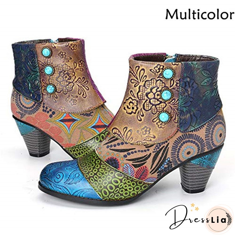 Ladies Fashion Round Toe Patent Leather High Thick Heel Stitching Casual Side Zipper Martin Boots