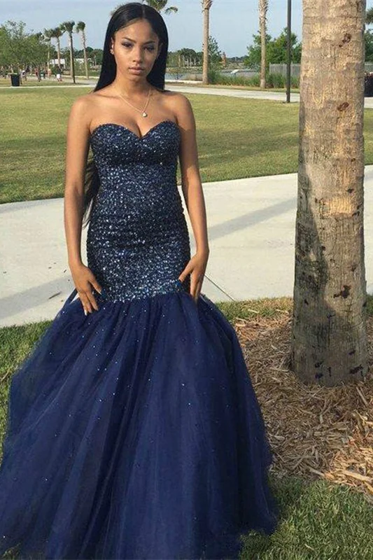 Luluslly Sweetheart Sequins Appliques Navy Mermaid Prom Dress