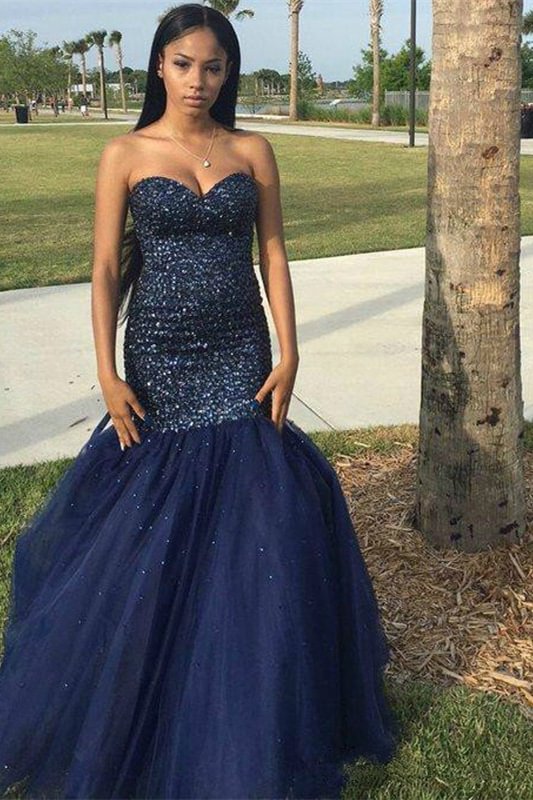 Stunning Sweetheart Sequins Appliques Navy Mermaid Prom Dress - lulusllly