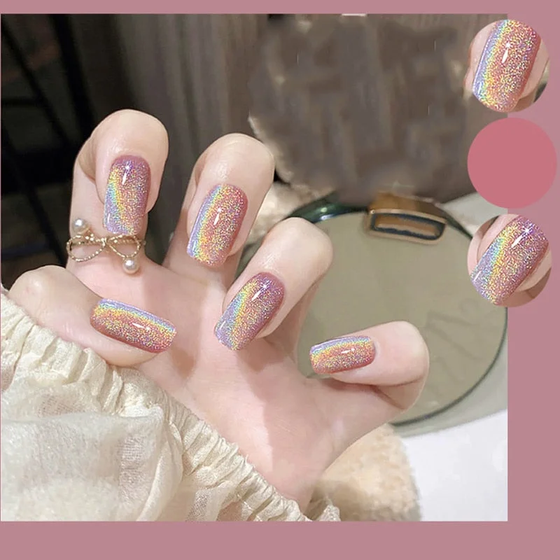 24PCS Fashionable Pink Metal Fake Nail press on Wearable Square Shape Glue model Decorated Finished Fake Nail with glue Product-Nail Inspo