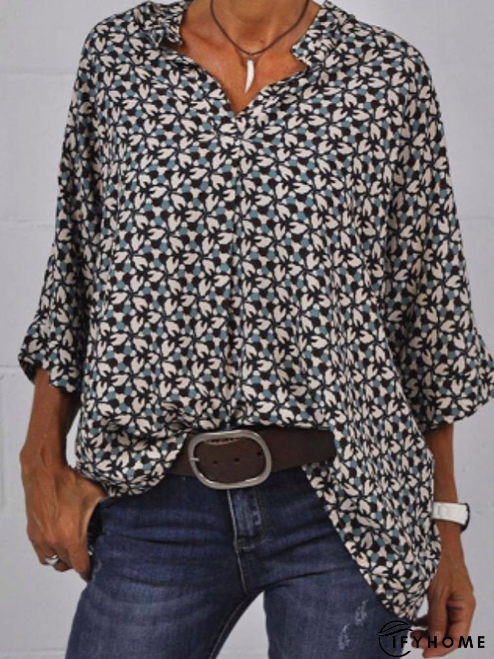 Floral Polyester Cotton Shirt Collar Tunic Top | IFYHOME