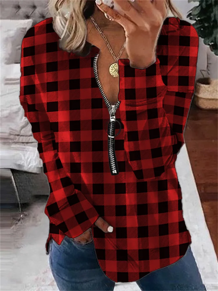 Western Christmas Check Zip Up Sweatshirt