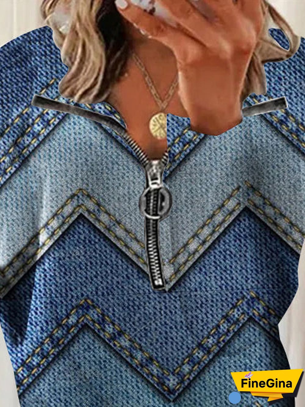 Women's V-neck Long Sleeve Blue Geometric Graphic Printed Top