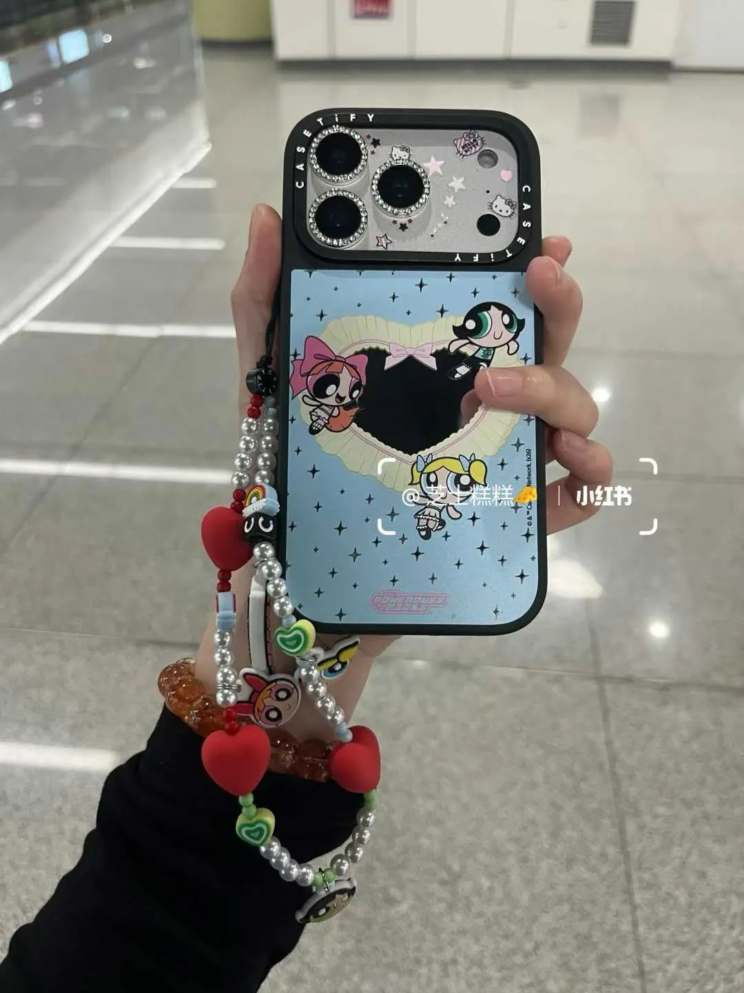 CASETiFY Powerpuff Girls Mirror Heart Phone Case with Colorful Beaded Charm Strap for iPhone