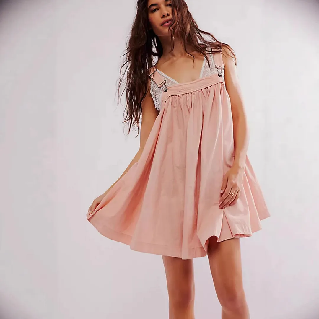 Women's Pink Lace Trim Suspender Babydoll Loose Swing Mini Dress