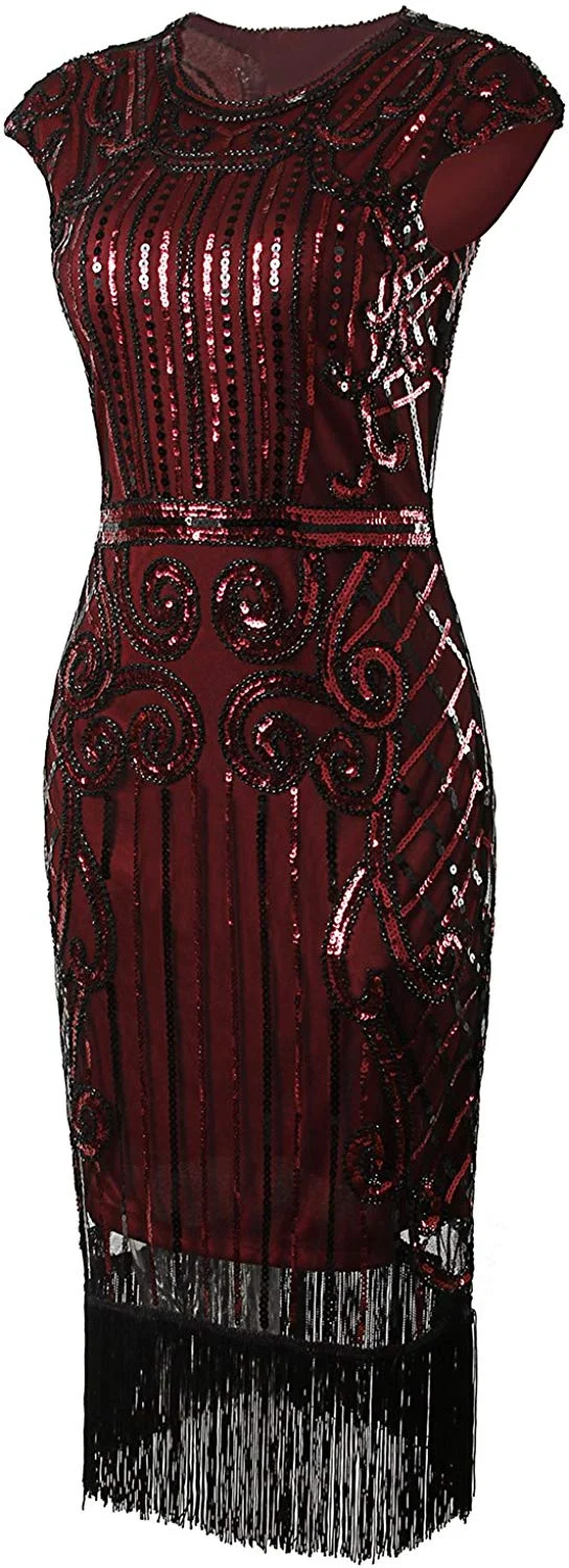 1920s Vintage Inspired Sequin Embellished Fringe Long Gatsby Flapper Dress