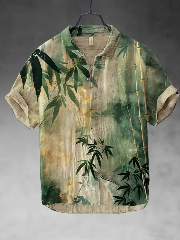 Men's Retro Bamboo Forest Art Print Short Sleeve Shirt