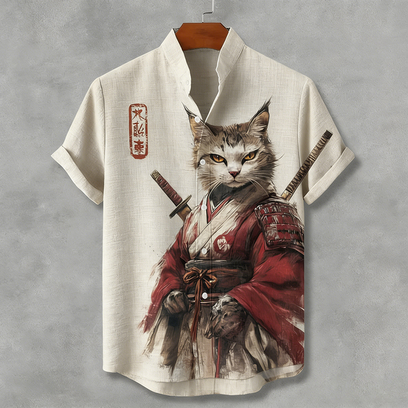 Men's Vintage Retro Japanese Samurai Cat Art Short Sleeve Shirt elevenforest