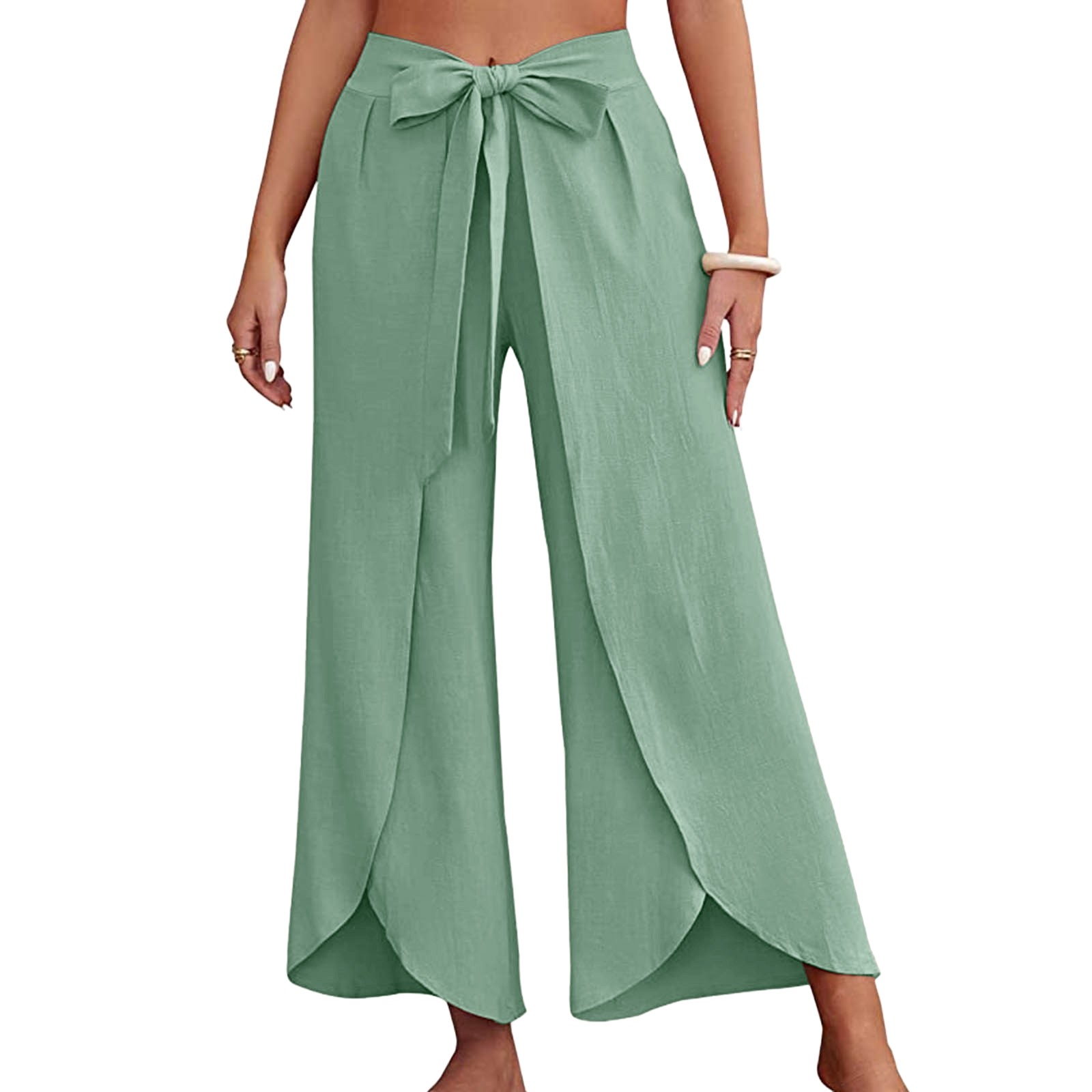 Verbsign Summer Casual Beach Palazzo Pants Ladies Slim Lace Up Business Flared Wide Leg Pants Versatile Beach Pants New Linen Dress Pants