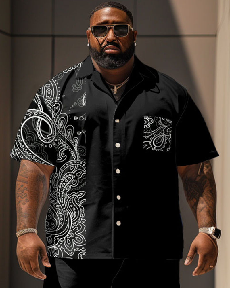 Men's Plus Size Casual Vacation Vintage Paisley Print Pocket Shirt Shorts Set