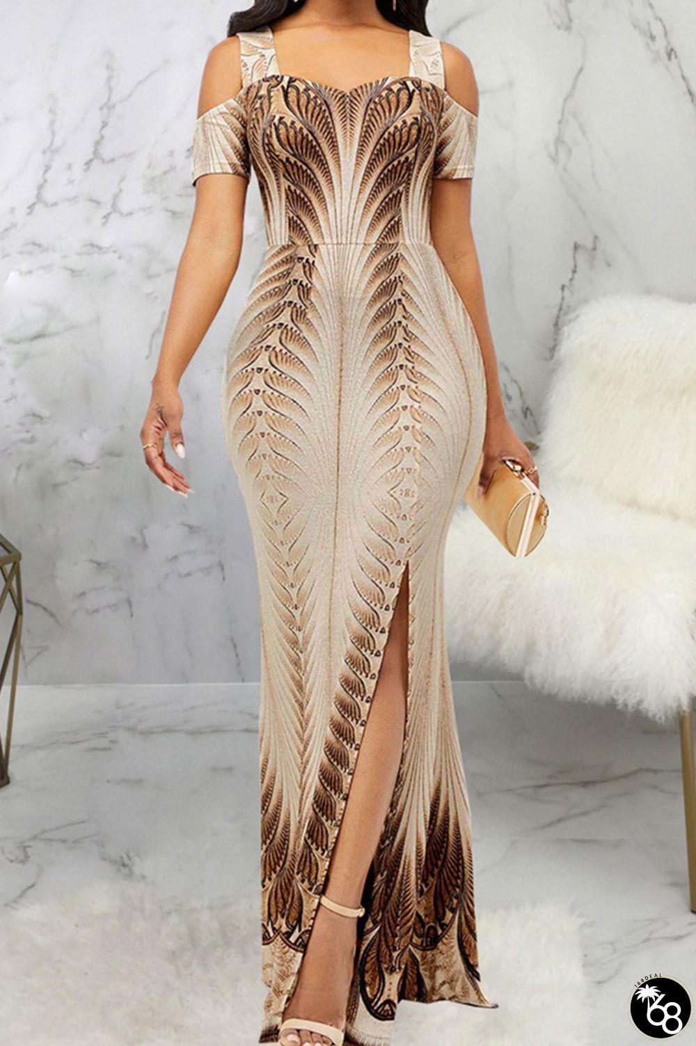 Sexy Print Patchwork High Opening Asymmetrical Collar Printed Dress Dresses | 168DEAL