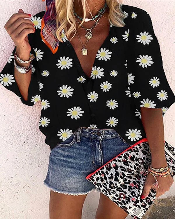 Women Daisy Printed Shirt Boho Causal Blouse
