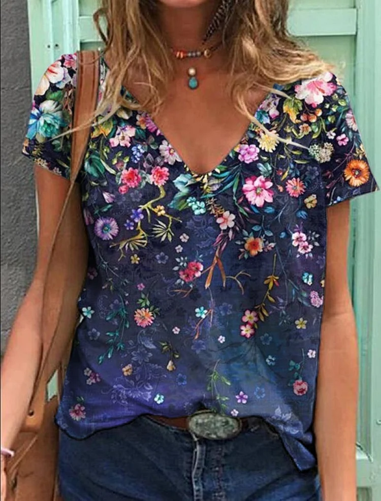 Women'S Casual Printed V-Neck T-Shirt