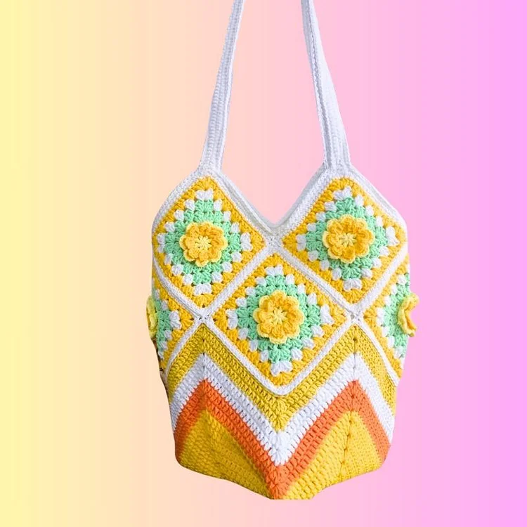 Lulusnow Handmade Yellow Flower Granny Square Crochet Tote Bag Shoulder Bag 