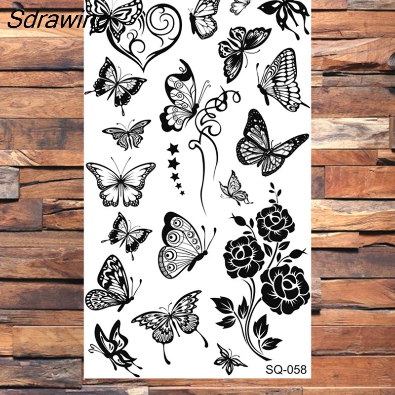 Sdrawing Butterfly Temporary Tattoos For Women Girls Realistic Skull Rose Flower Snake Feather Fake Tattoo Sticker Back Arm Tatoos