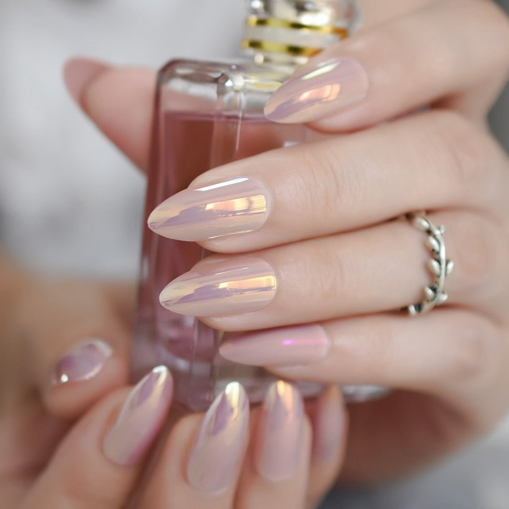 Mocha Pink Mirror False Nails Chrome Stiletto Faux Nails Glass Shiny Effect Surface Ladies Fingernails Fake 24