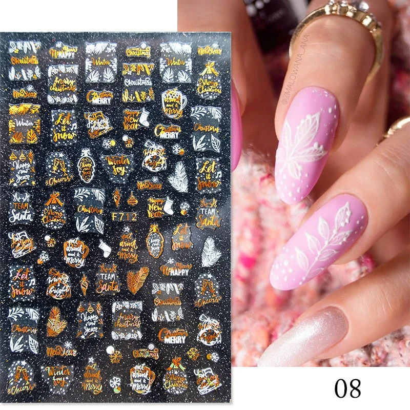 Gold White Bronzing Christmas Nail Sticker 3D Snowflakes Leaf Geometry Lines Letter For Manicure Sliders Decoration Accessories