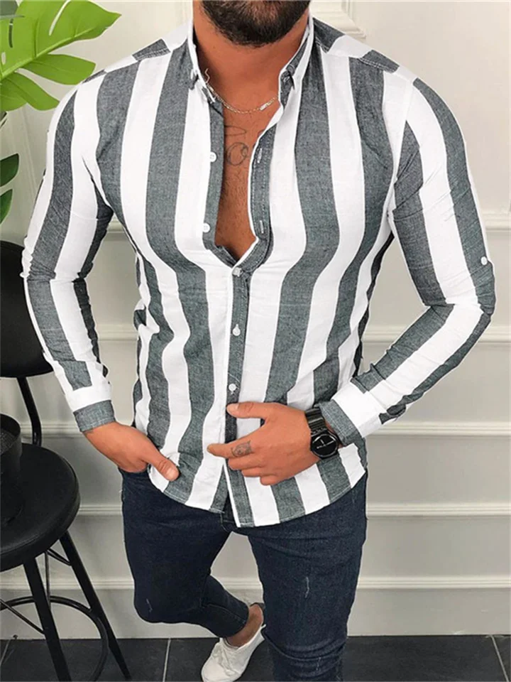 Men's Long-sleeved Lapel Vertical Stripes Shirt Loose Casual Shirt Breathable Cardigan Shirt Gray,Green,Blue | 168DEAL