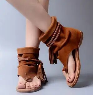 VCSHOES Style Fringe Gladiator Sandals Women Rome Peep Toe Flats Casual Dress Shoes Woman Big Size 34-41 Slipeers