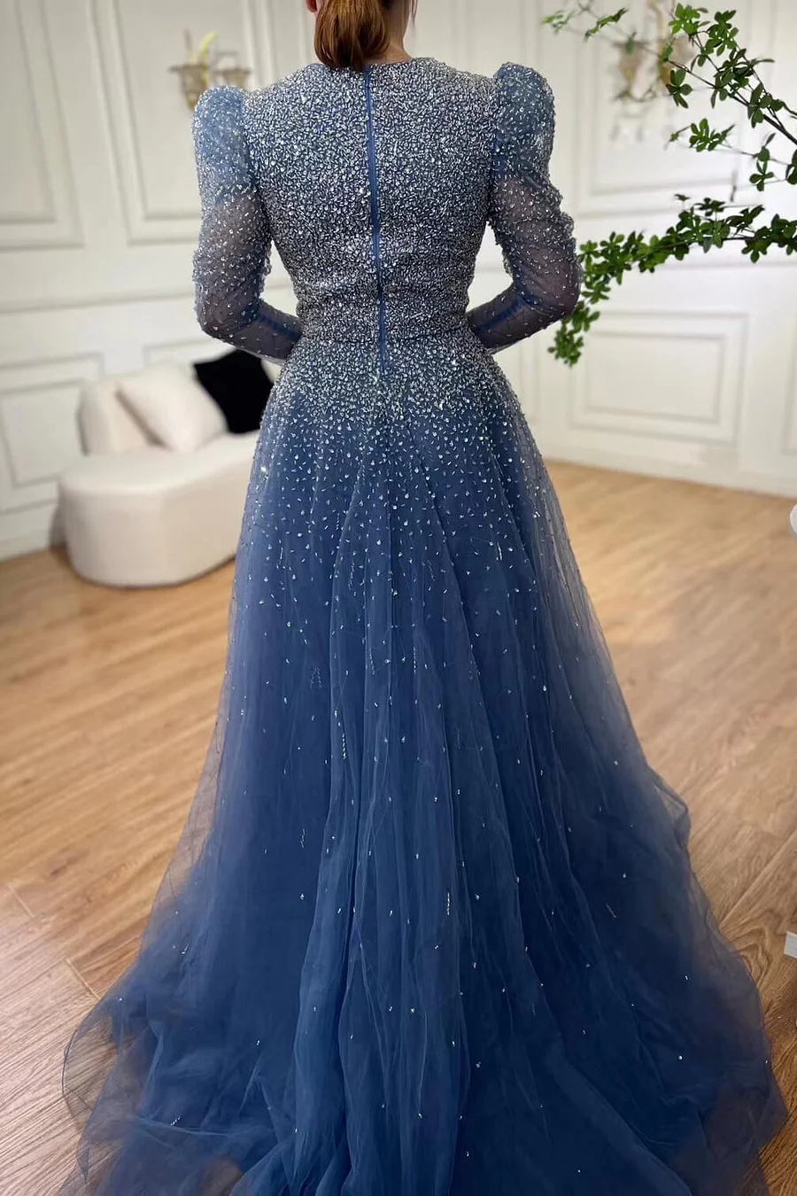 fitted lace wedding dress Deep V-Neck Off-Shoulder Tulle Mermaid Prom Dress Pleated Beaded Applique Formal Dress with High Slit Blue / US16