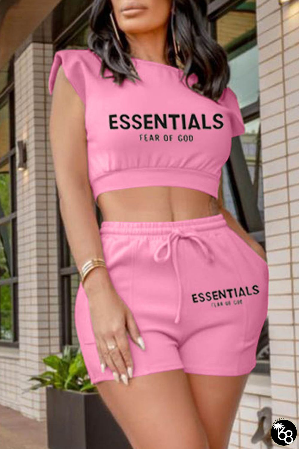 Pink Casual Letter Print Basic O Neck Sleeveless Two Pieces | 168DEAL