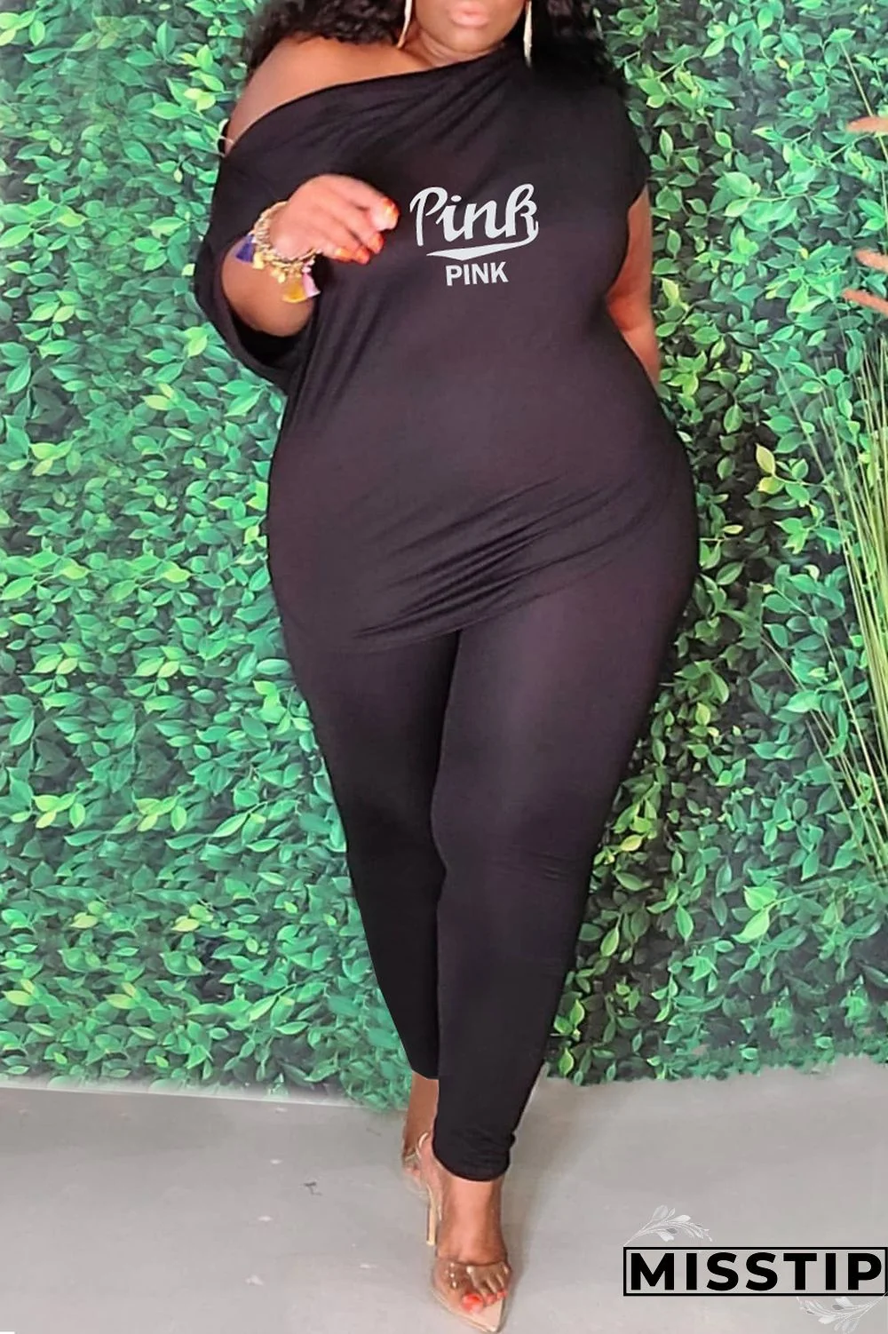 Blue Fashion Casual Letter Print Basic O Neck Plus Size Two Pieces