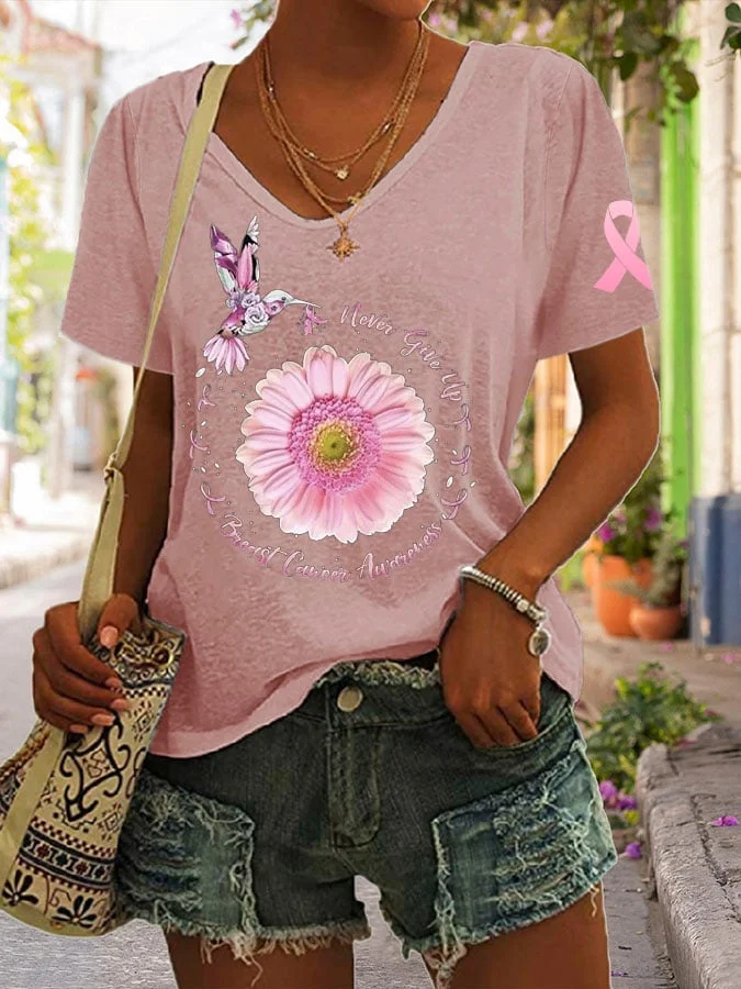 Never Give Up Breast Cancer Awareness Print Casual T-Shirt socialshop