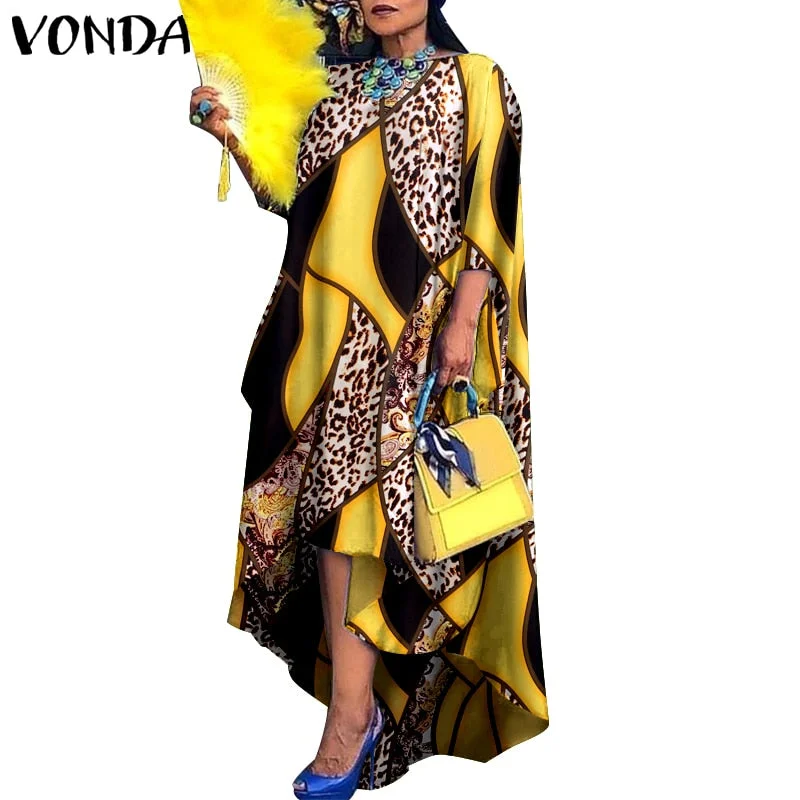 Women Dress 2022 VONDA Vintage Printed Asymmetric Party Long Maxi Dress Femme Robe Beach Sundress Casual Vestido Plus Size Robe