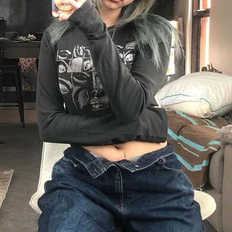 Uveng Uveng Dark Wind Eye Print Slim Long Sleeve T-Shirt Jacket Female 2023 Spring And Autumn INS New Top