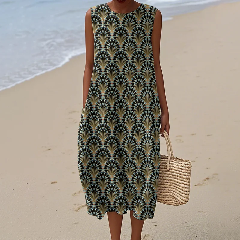 Women's Egyptian Blue Lotus Art Pattern Cotton And Linen Dress