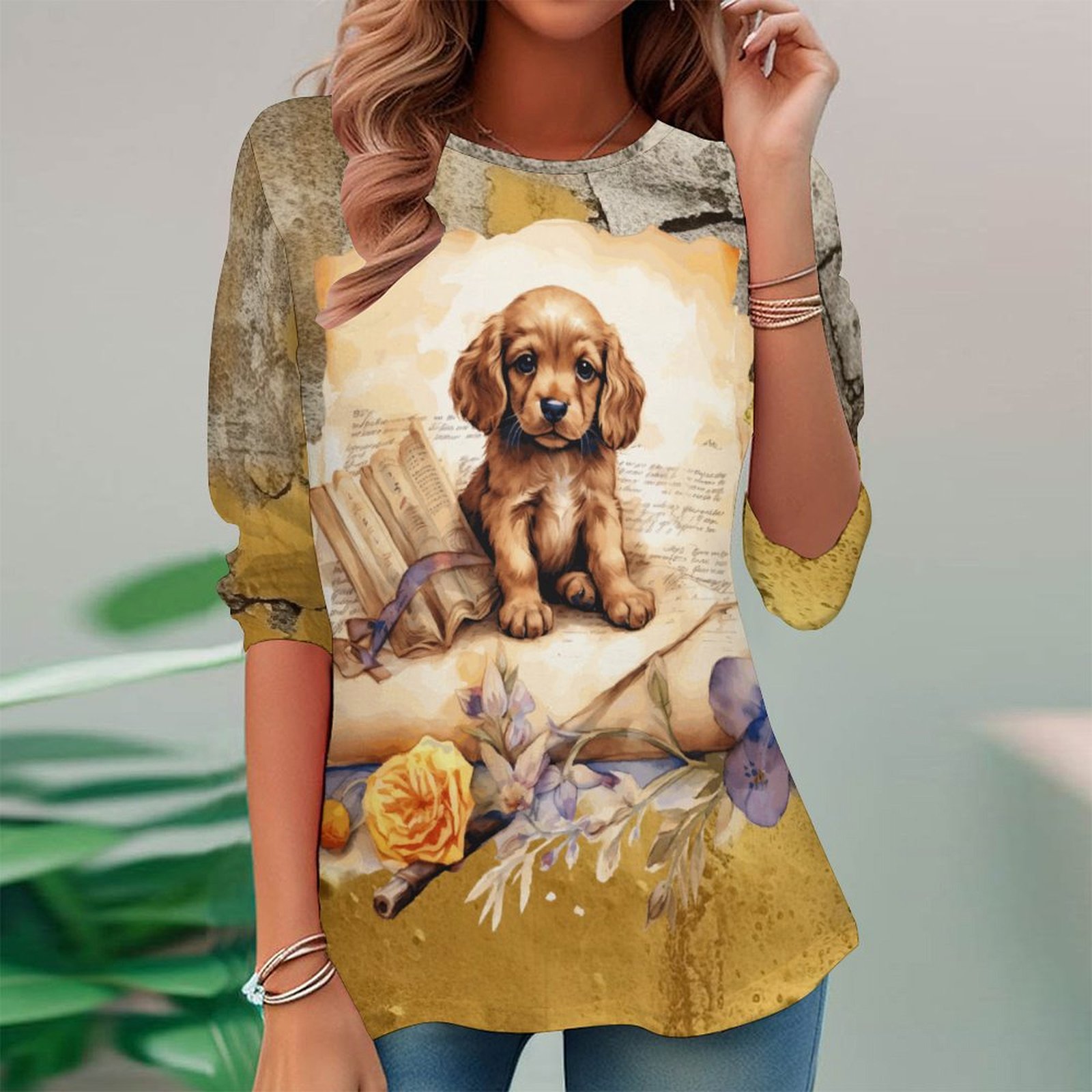 Women Long Sleeve V-neck Graphic Floral Printed Top
