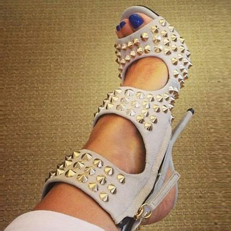 Beige Side Zipper Stiletto Heels Slingback Heels Sandals Studs Shoes |FSJ Shoes