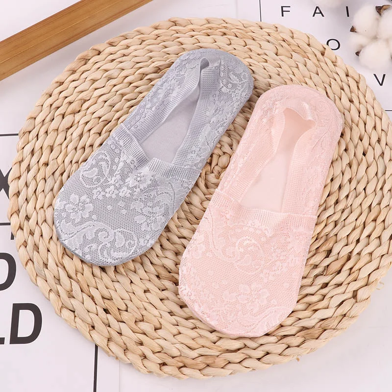 1/2 Pairs Fashion Women Girls Summer Socks Style Lace Flower No Show Short Sock Antiskid Invisible Ankle 2021 Sox Sock Slippers