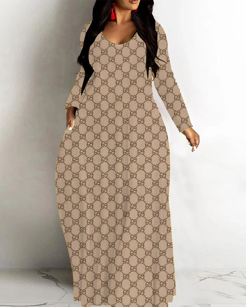 Classic Letter Print Loose Hem Long Sleeve Maxi Dress