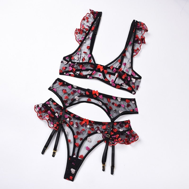 Ellolace Ruffled Sexy Lingerie Set Heart-Shaped Embroidery Underwear Set Bra with Bones Transparent 3 Piece Set Erotic Lingerie