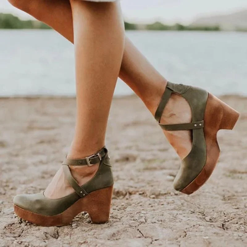Summer Women Closed Toe Chunky Ankle Strap Sandals