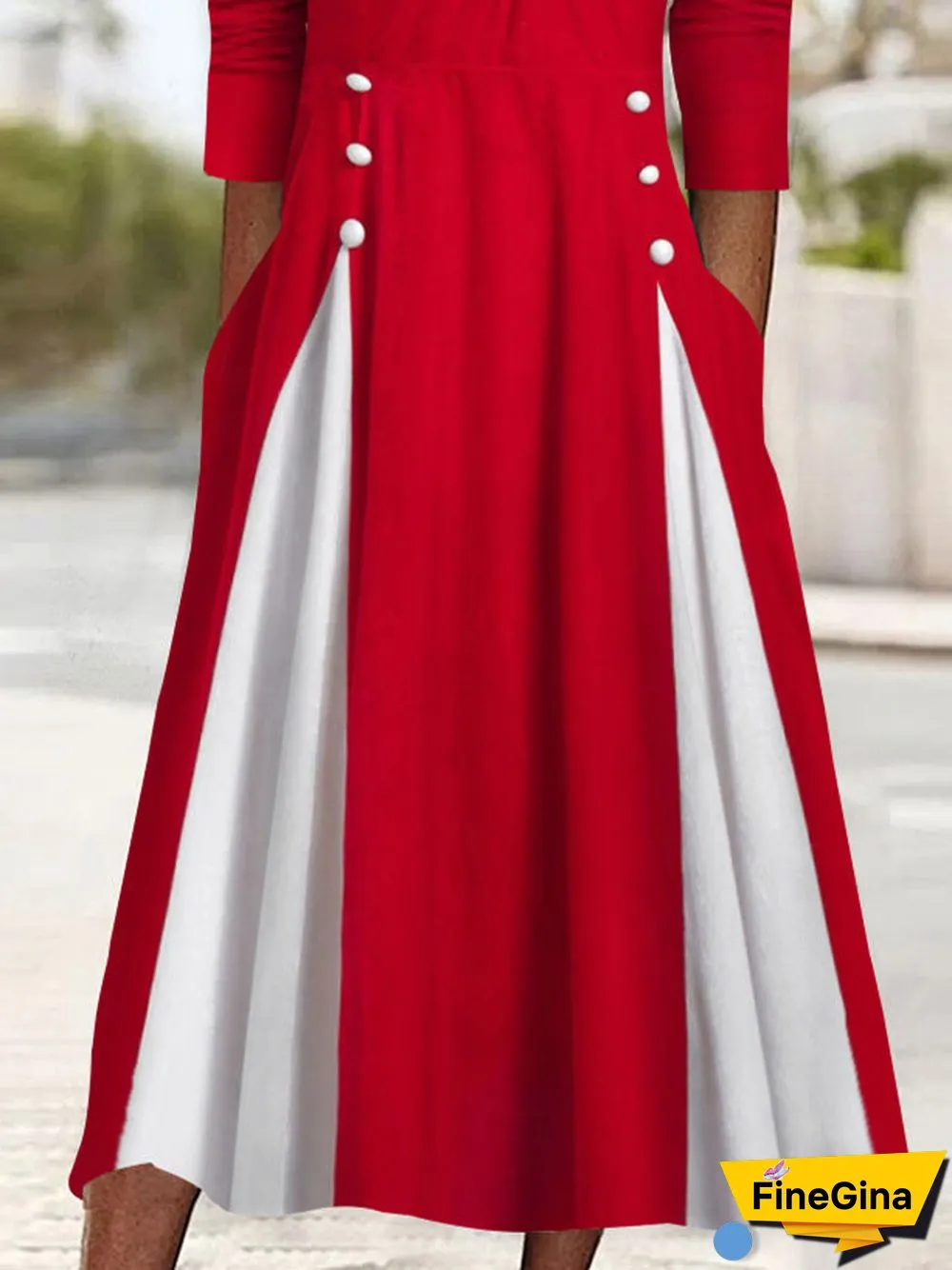 Women's Long Sleeve V-neck Colorblock Stitching Midi Dress