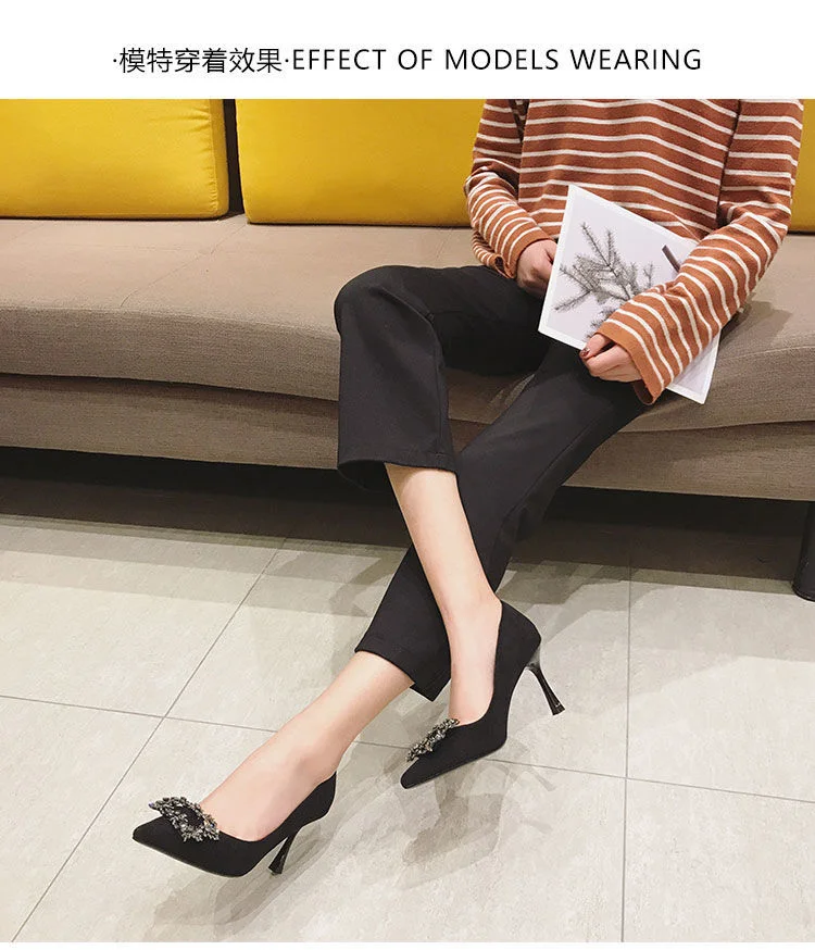 Qengg Women Pumps Slip-On Fashion Sexy Pointed Toe High-heel Shoes with Metal Buckle Women Shoes Zapatos De Muje