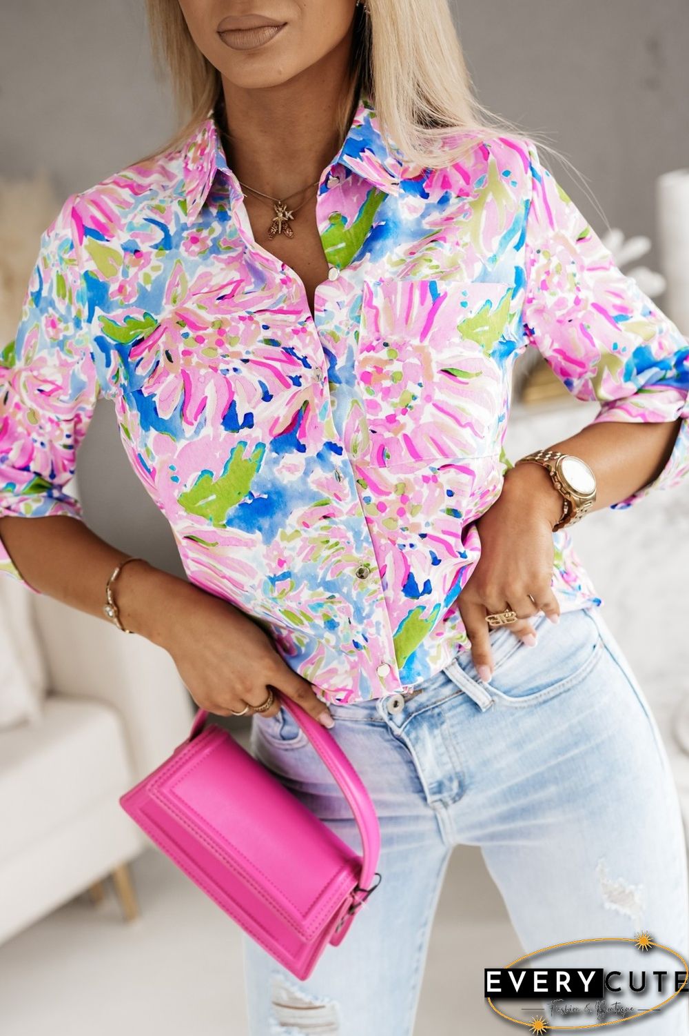 Pink Abstract Floral Print Buttoned Sheath Long Sleeve Shirt