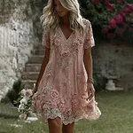 Women's Vintage Floral Art Print Flowy Linen Blend Casual Short Sleeve Mini Dress - Image 2
