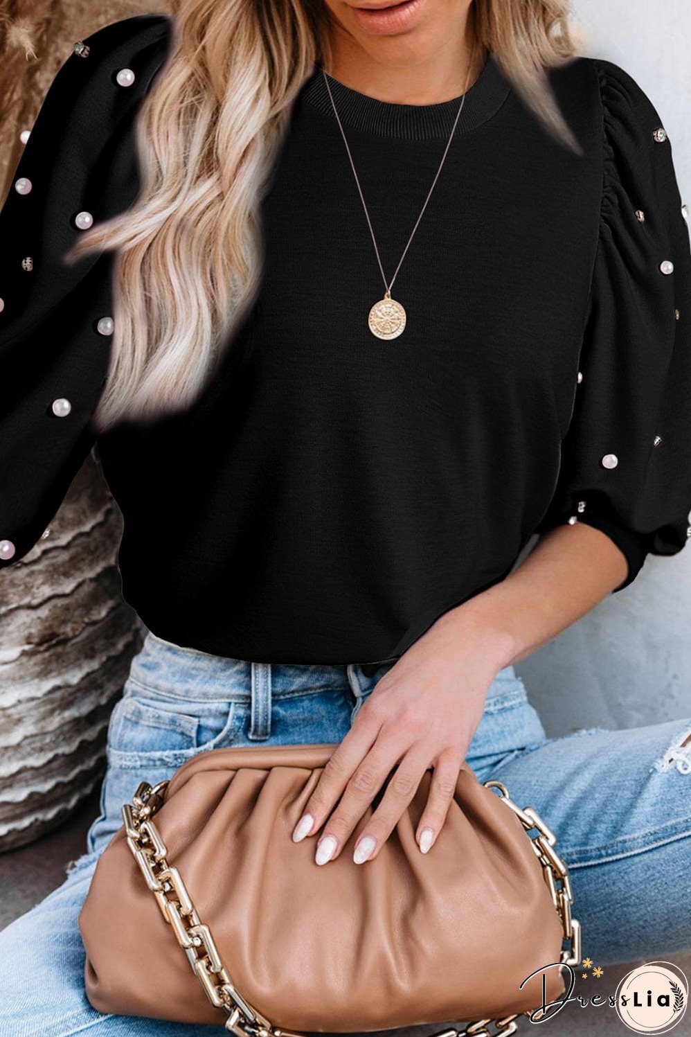 Elegant Black Rhinestone Pearl Embellished Puff Sleeve Blouse