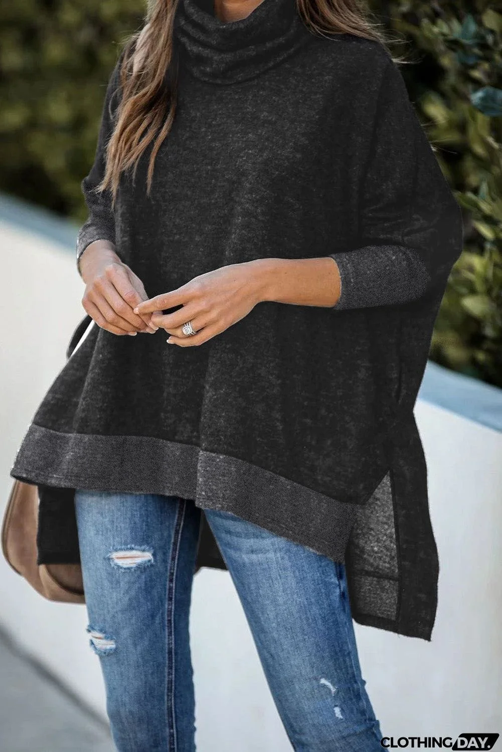 Turtleneck Bat Sleeve Side Slit Tunic Top