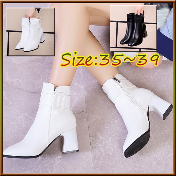 White Black Thick High Heel Ankle Boots Women 2020 Pointed Toe Keep Warm Elegant Short Booties Ladies Ankle Buckle Decoration - Shop Trendy Women's Clothing | LoverChic